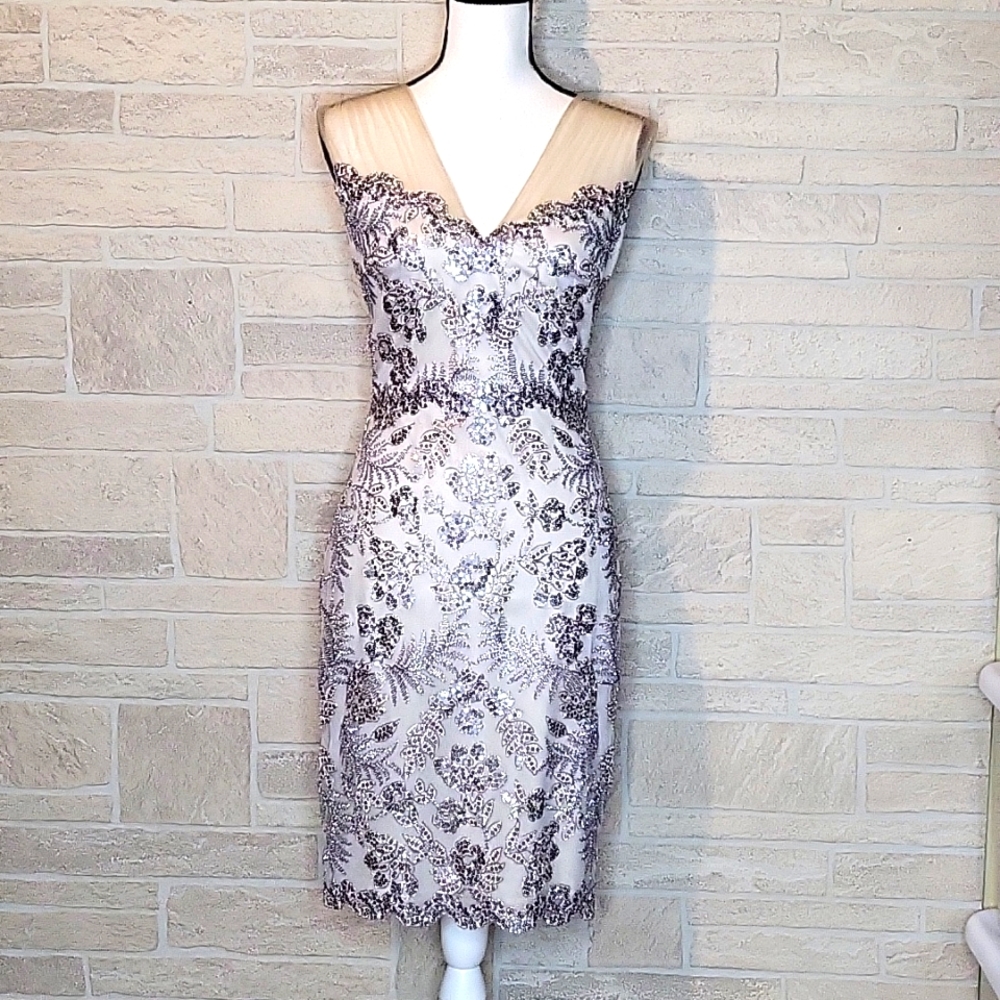 TADASHI SHOJI EMBROIDERED LACE OVERLAY TULLE CHIFFON ILLUSION